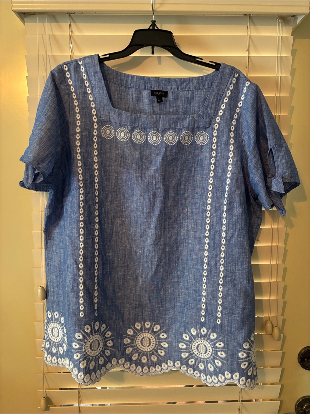 Talbots Blue Linen-Blend Square Neck Embroidered Top